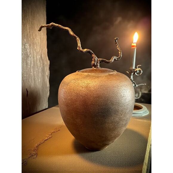 Carol Green Studio Pottery Lidded Jar-Bronze Vine Finial-Art-Raku Clay-Wabi Sabi - Picture 10 of 10